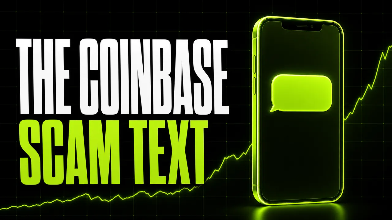 Headline "The Coinbase scam text" beside a glowing lime green smartphone showing a blank message bubble