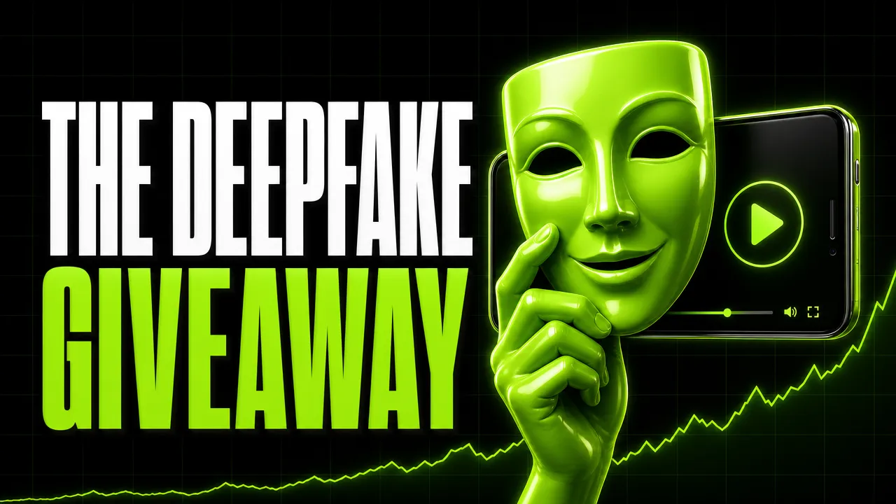 Headline "The deepfake giveaway" beside a neon green theater mask in front of a phone video player