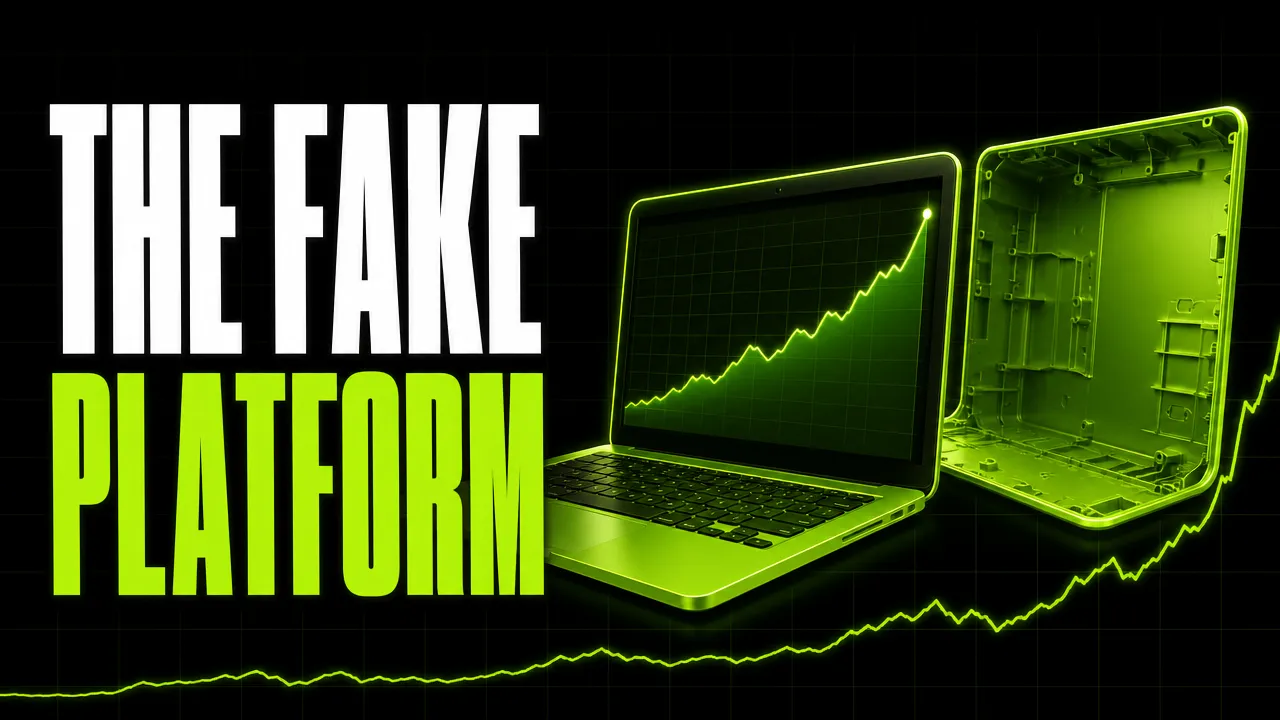 Headline "The fake platform" beside a neon green laptop showing a rising chart with a hollow empty back