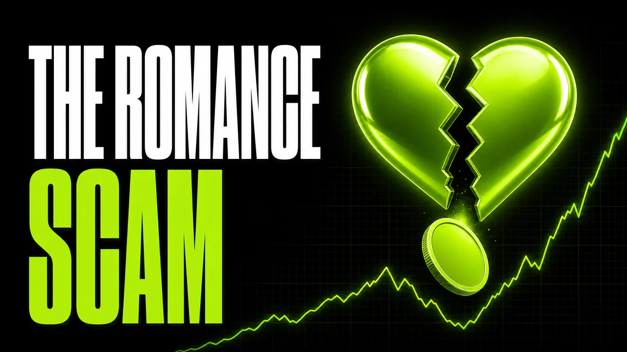 Headline "The romance scam" beside a cracked neon green heart with a blank coin falling out