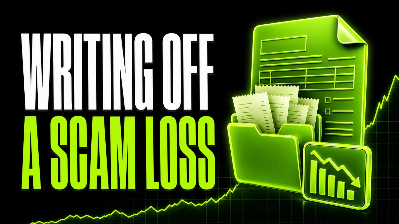 Headline "Writing off a scam loss" beside a neon green tax form with a folder of receipts