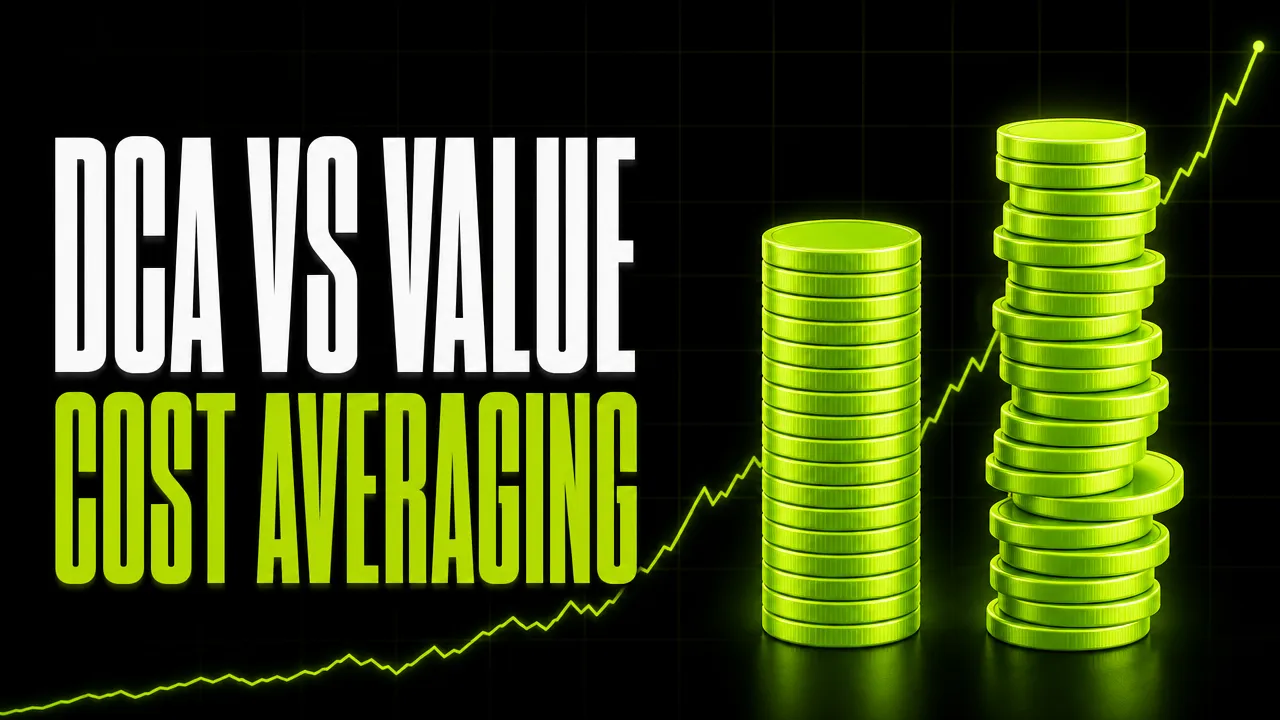 Headline "DCA vs value cost averaging" beside two lime green coin stacks, one even and one built in uneven steps