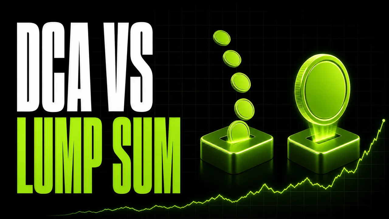 Headline "DCA vs lump sum" beside small neon green coins dropping one at a time next to one large coin dropping at once