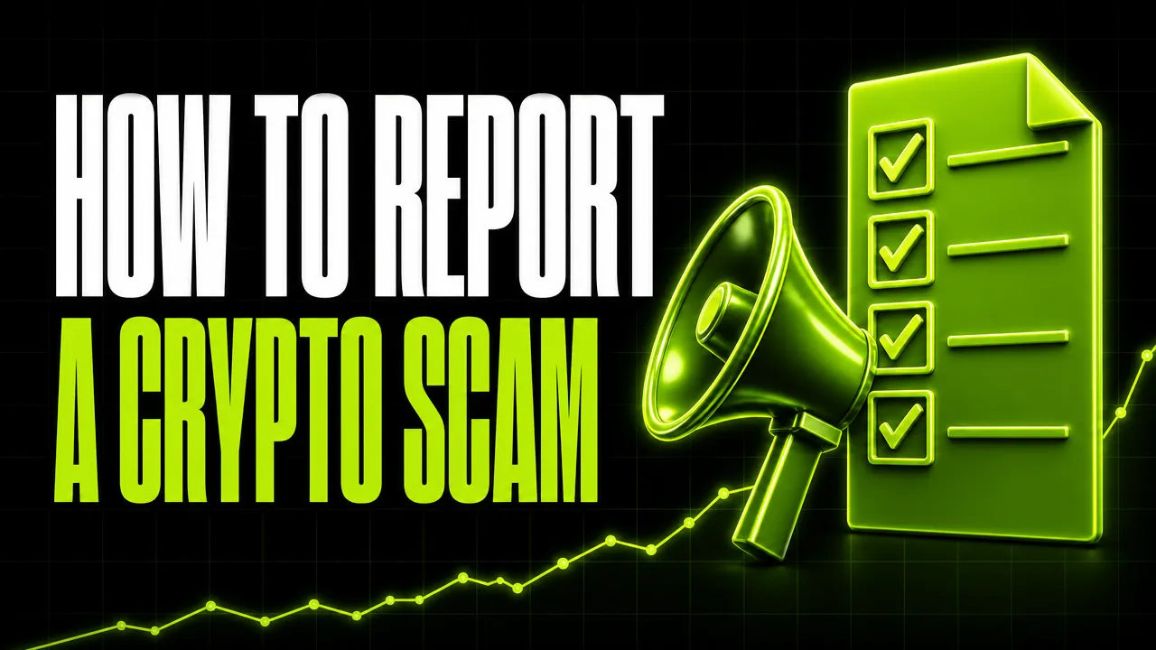 Headline "How to report a crypto scam" beside a neon green megaphone and a document with four ticked checkboxes