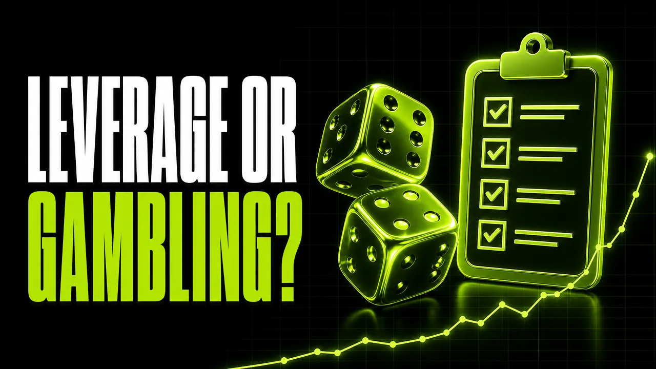 Headline "Leverage or gambling?" beside neon green dice facing a checklist on a clipboard