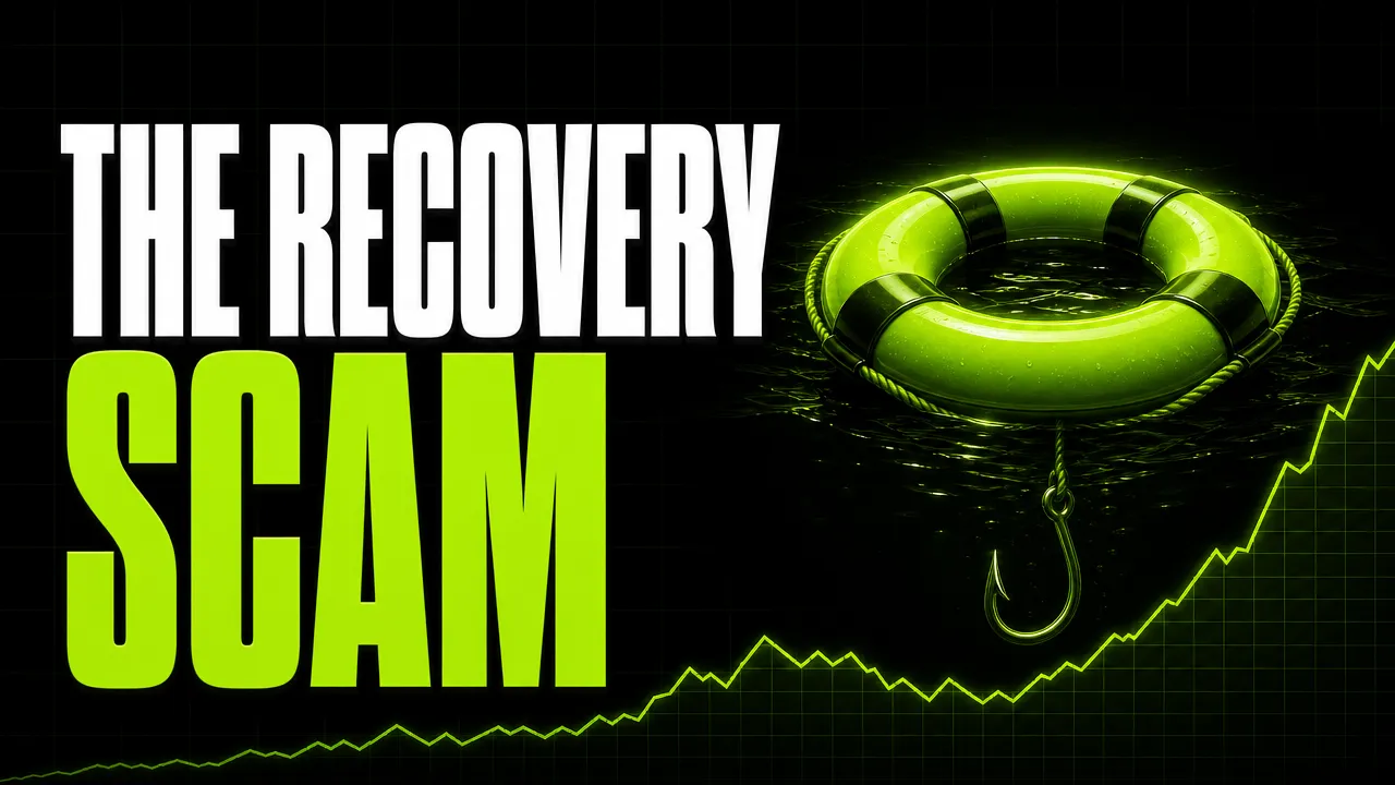 Headline "The recovery scam" beside a neon green life ring with a hook hidden underneath it