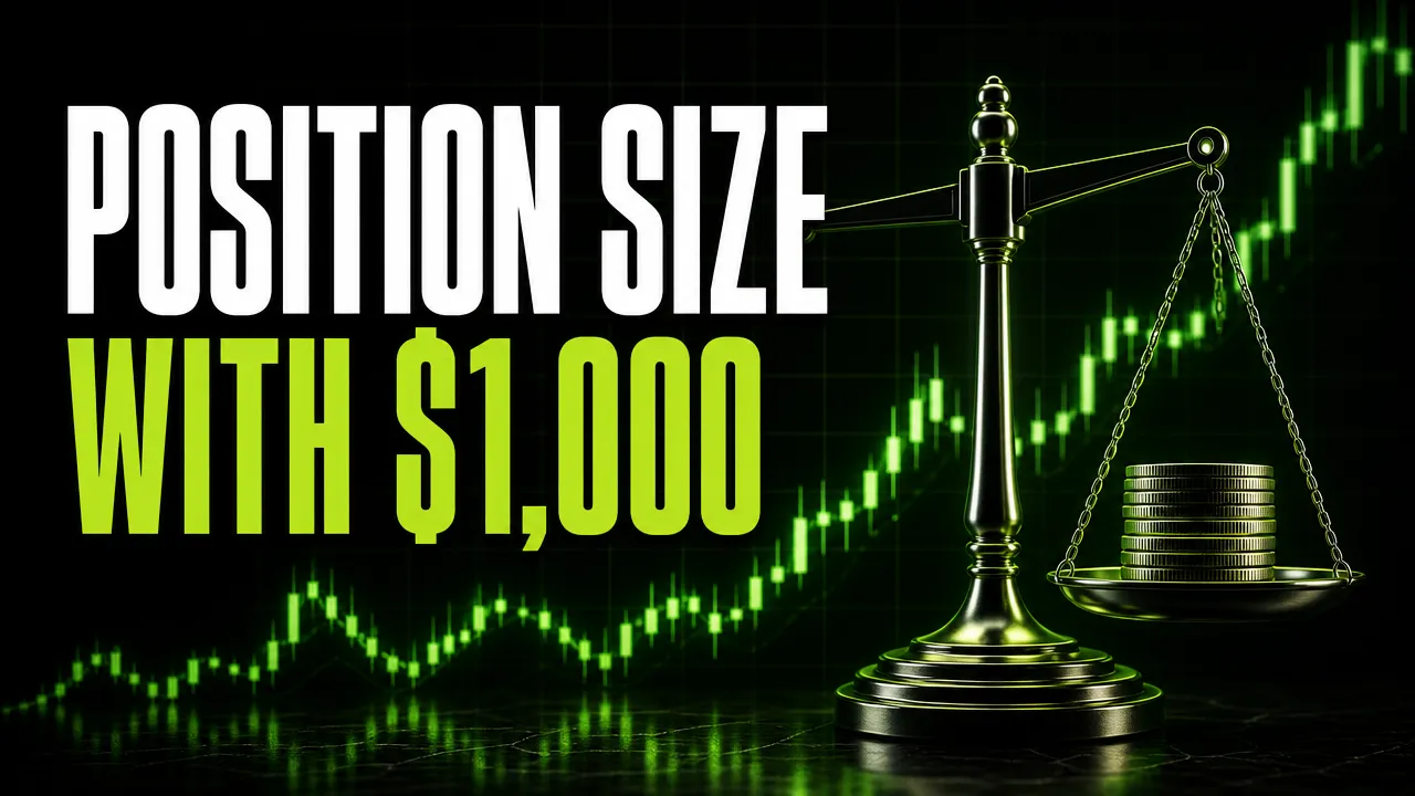Headline "Position size with $1,000" on a dark chart background