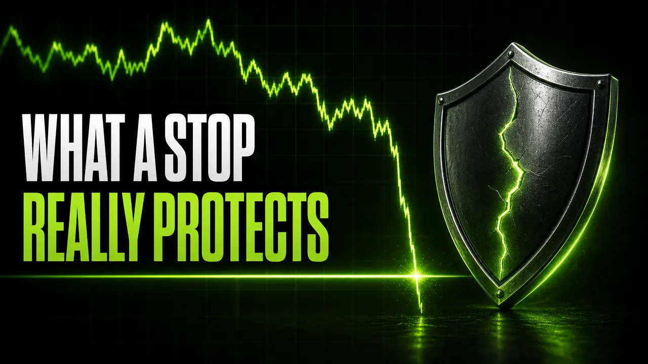 Headline "What a stop really protects" beside a cracked shield and a falling price line
