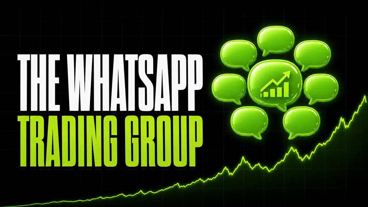 Headline "The WhatsApp trading group" beside neon green chat bubbles, one with a chart and the rest blank