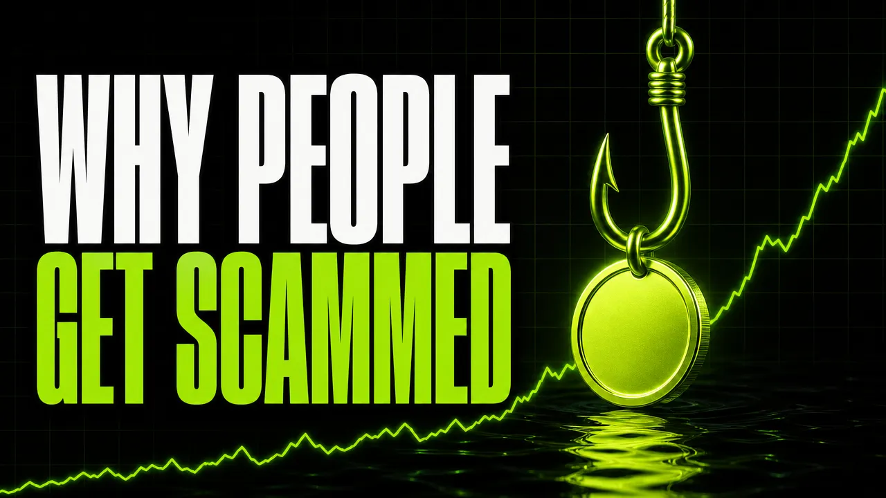 Headline "Why people get scammed" beside a neon green fishing hook baited with a blank coin