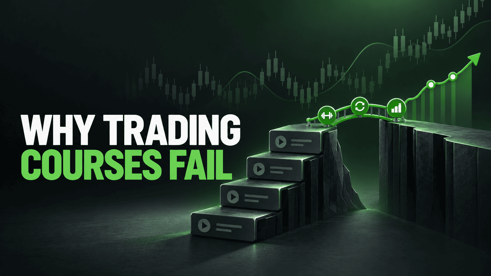 Cover graphic for an article on why trading courses leave students stuck and the risk and review layer they skip